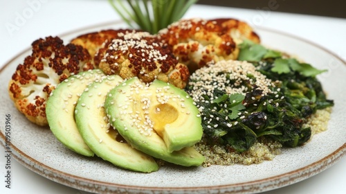 A vibrant plate of healthy food featuring avocado, cauliflower, and greens.