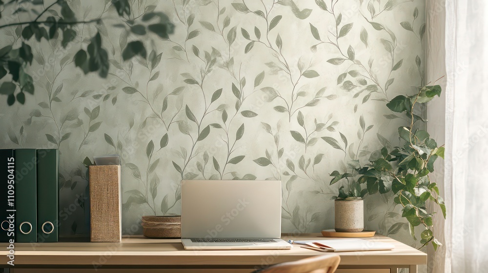 Calm home office workspace with laptop, plants, and sage green leaf wallpaper. Calm home office workspace with laptop, plants, and sage green leaf wallpaper.