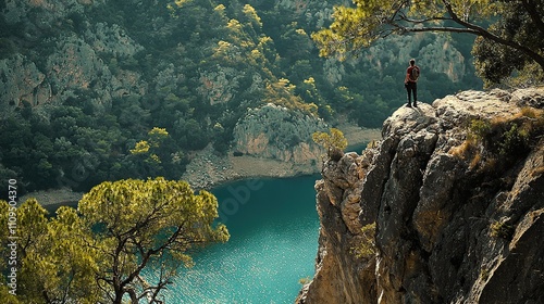   A man on a cliff edge overlooking a water body in the midst of a forest
