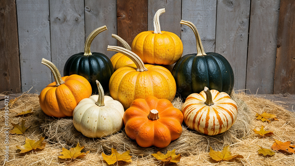 Vibrant pumpkins arranged on hay display for fall celebration in rural setting Vibrant pumpkins arranged on hay display for fall celebration in rural setting