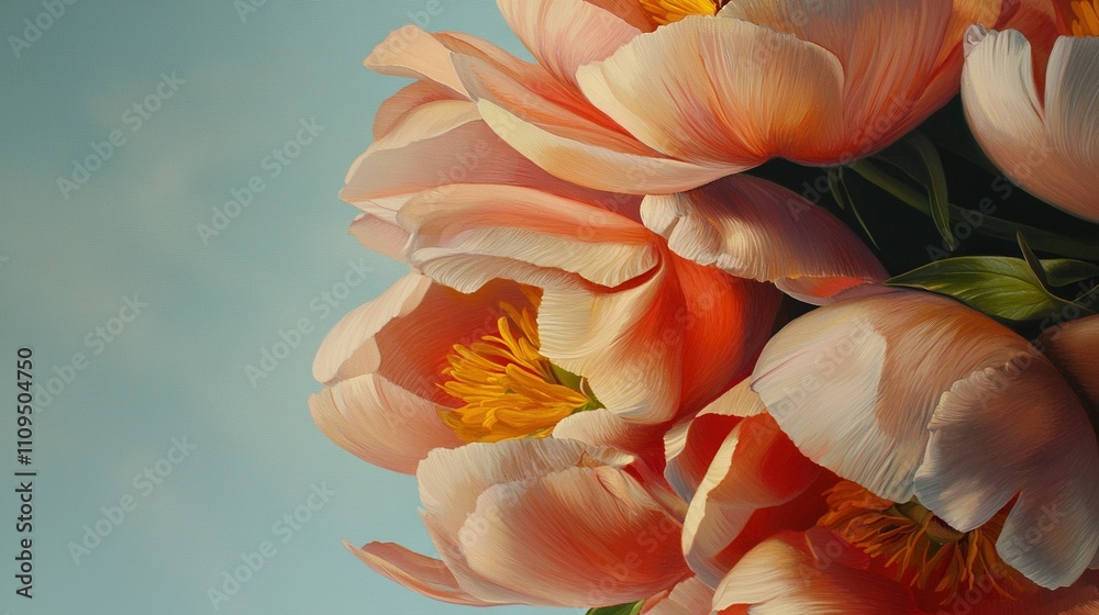 Fototapeta premium A stunning image of a vibrant bouquet of pink and yellow tulips against a serene blue backdrop, surrounded by a beautiful sky
