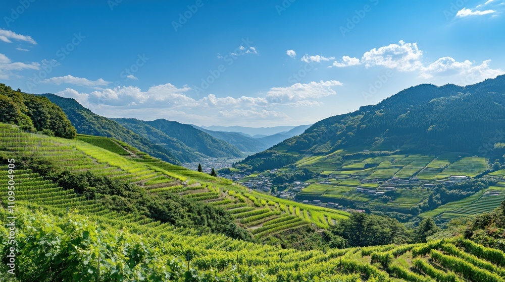 Verdant terraced fields on mountain slopes under blue sky