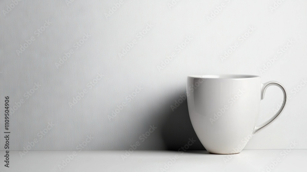 White cup rests atop table; adjacent white wall casts cup's shadow White cup rests atop table; adjacent white wall casts cup's shadow