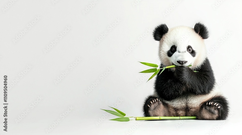 Obraz premium A panda bear sitting on the ground with a bamboo stick in its mouth