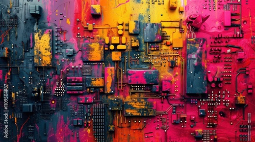 A vibrant, abstract depiction of a circuit board with colorful splashes, blending technology with artistic expression.