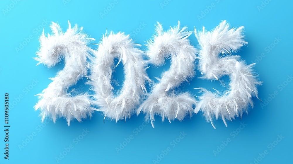 Fototapeta premium 2025 crafted from soft white feathers on a serene blue background, minimalist design