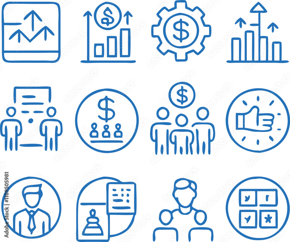 A Collection Business Icon Set- Growth, Finance, Teamwork, and Management Symbols Vector art