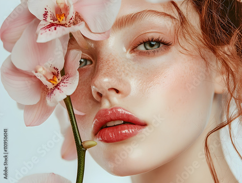 A close-up portrait of an attractive woman with freckles and long hair, holding white orchid flowers near her face, against a soft pastel background. Generative AI.