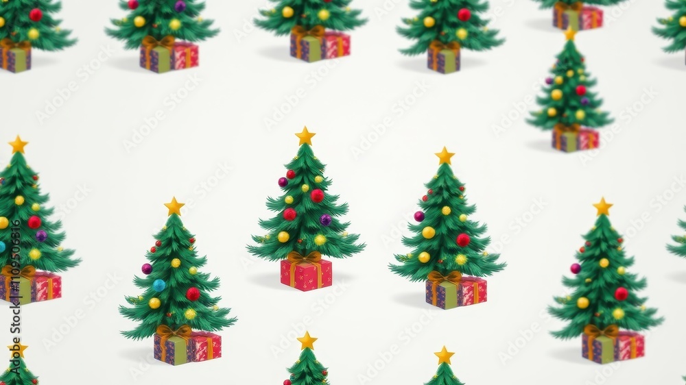 A seamless pattern of colorful Christmas trees with ornaments and gifts on a white background A seamless pattern of colorful Christmas trees with ornaments and gifts on a white background