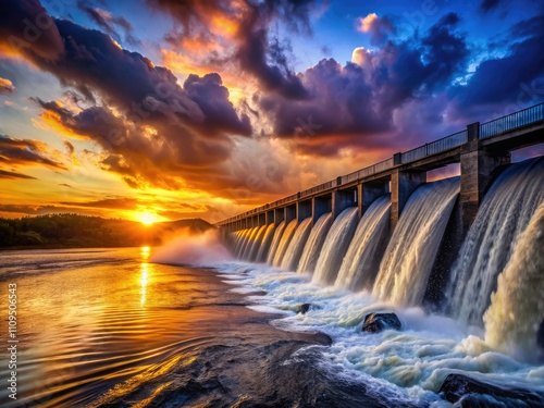 Majestic Dam Silhouette, Water Flowing, Powerful River, Sunset Landscape Photography photo