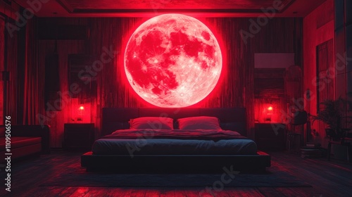 Red Moonlit Bedroom Interior.
