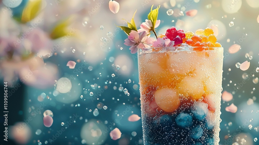 Close-up of tall glass with beverage inside and berries on top Close-up of tall glass with beverage inside and berries on top