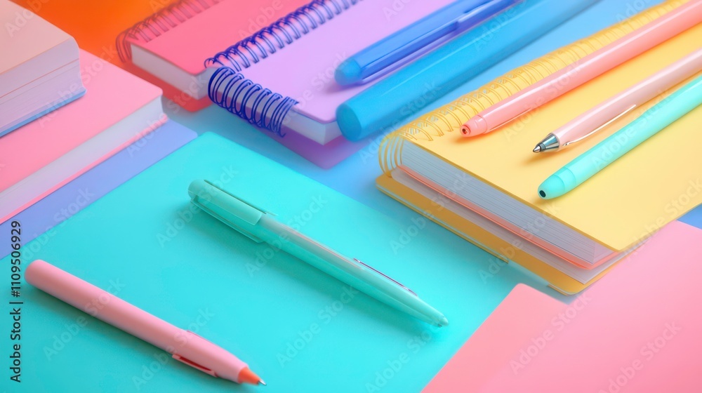 Pastel stationery and notebooks arranged on a colorful surface. Pastel stationery and notebooks arranged on a colorful surface.