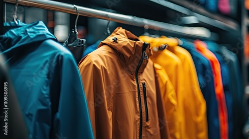 A close-up of a nylon windbreaker jacket hanging on a rack, highlighting its waterproof qualities and modern design -
