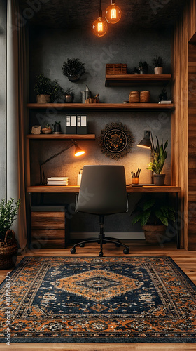 Cozy home office with wooden desk, shelves, plants, and rug. photo