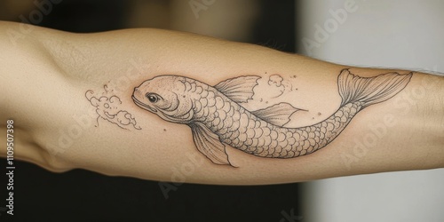 Intricate tattoo of a koi fish swimming gracefully on a person\'s arm showcasing artistry and cultural symbolism photo