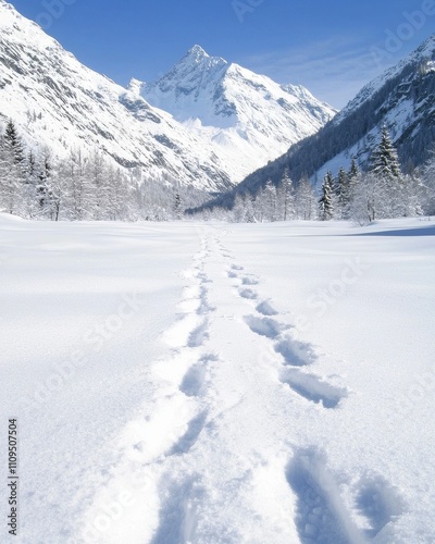 A snowy landscape with mountain peaks and footprints leading into the distance.