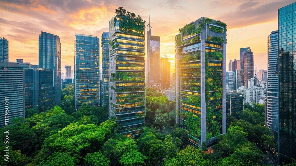 Fototapeta premium Green urban architecture with eco-friendly skyscrapers and lush vegetation at sunset