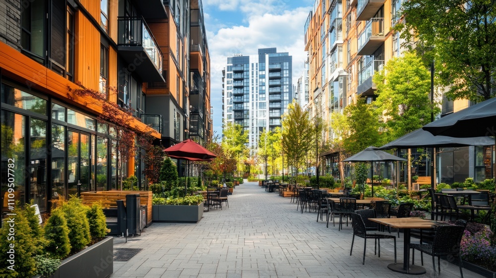 Fototapeta premium Modern city street with outdoor cafes and apartments.