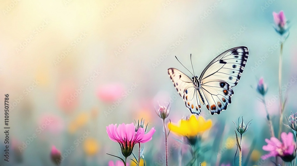 Obraz premium A butterfly perched on a flower amidst a field of pink, yellow, and white blossoms against a backdrop of azure sky