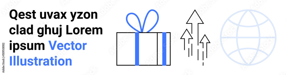 Gift box with a bow, upward arrows, and a globe outline next to sample text in blue and black. Ideal for marketing, promotions, global reach, growth, business expansion, celebrations digital Gift box with a bow, upward arrows, and a globe outline next to sample text in blue and black. Ideal for marketing, promotions, global reach, growth, business expansion, celebrations digital