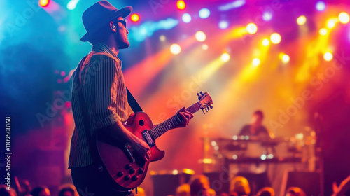 Guitarist performing live on stage with colorful lights