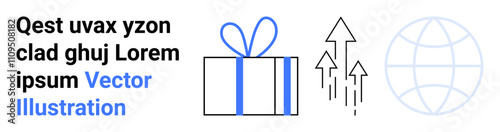 Gift box with a bow, upward arrows, and a globe outline next to sample text in blue and black. Ideal for marketing, promotions, global reach, growth, business expansion, celebrations digital
