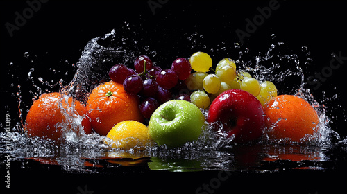 Assorted fruits, oranges, apples, grapes, submerged in water with splashes.