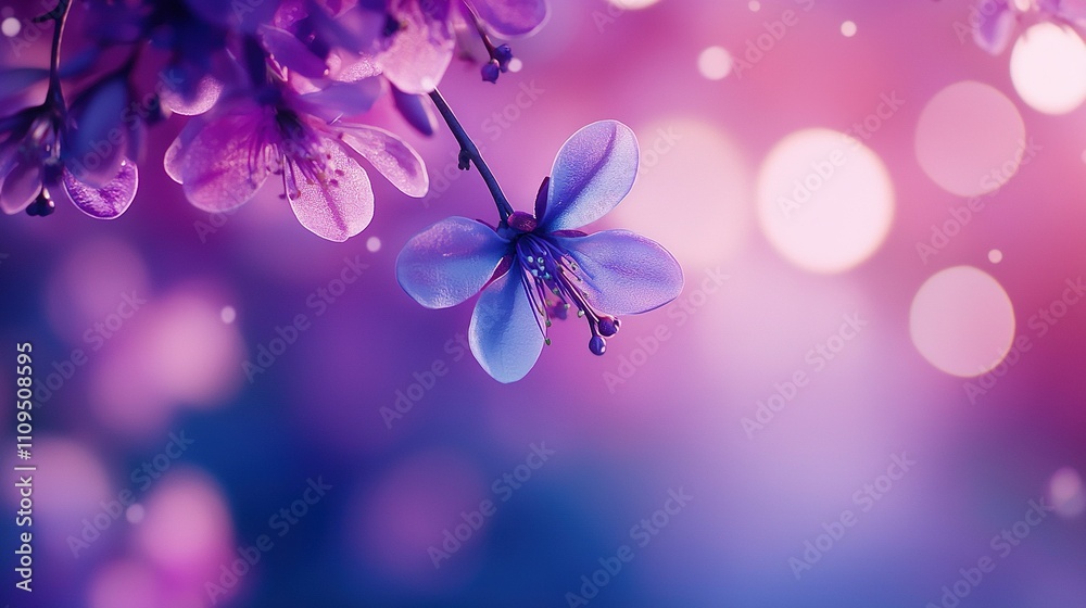 Purple flower close-up on blue and purple background with blurred lights in the background Purple flower close-up on blue and purple background with blurred lights in the background