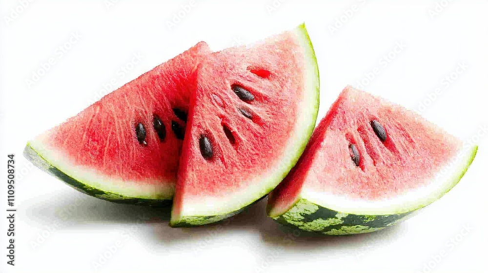 A pair of watermelon slices resting on a white table against a white backdrop A pair of watermelon slices resting on a white table against a white backdrop