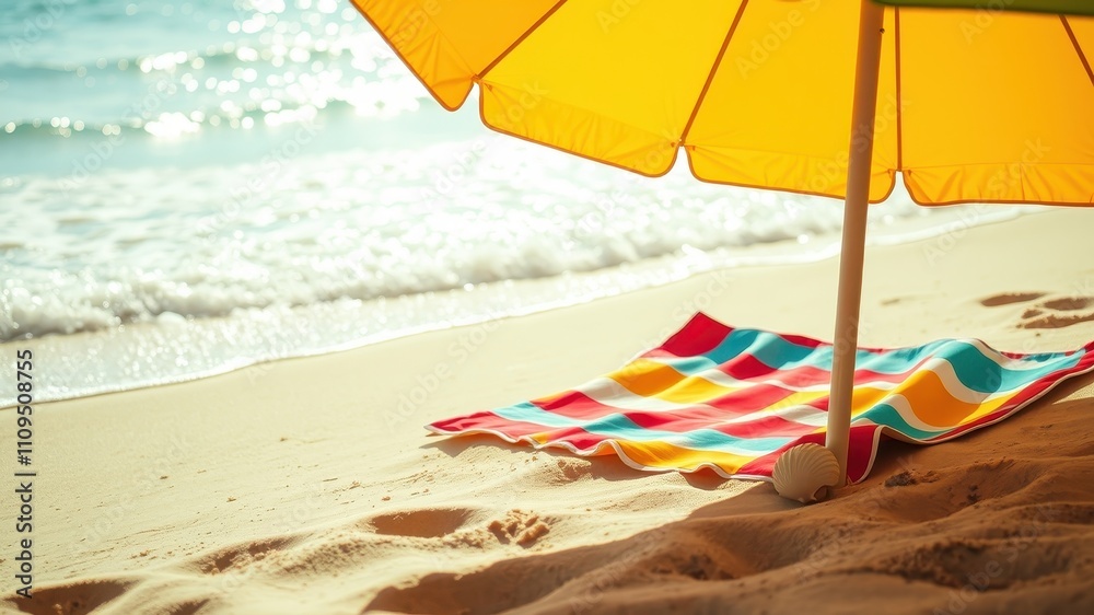 A yellow beach umbrella casts shade on a colorful striped towel laid out on the soft, white sand. The gentle waves lap at the shore, creating a serene and inviting atmosphere. A yellow beach umbrella casts shade on a colorful striped towel laid out on the soft, white sand. The gentle waves lap at the shore, creating a serene and inviting atmosphere.