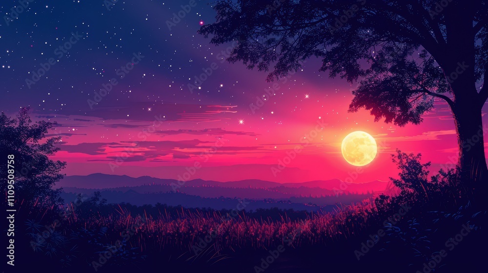 A serene landscape at dusk with a bright moon and starry sky. A serene landscape at dusk with a bright moon and starry sky.