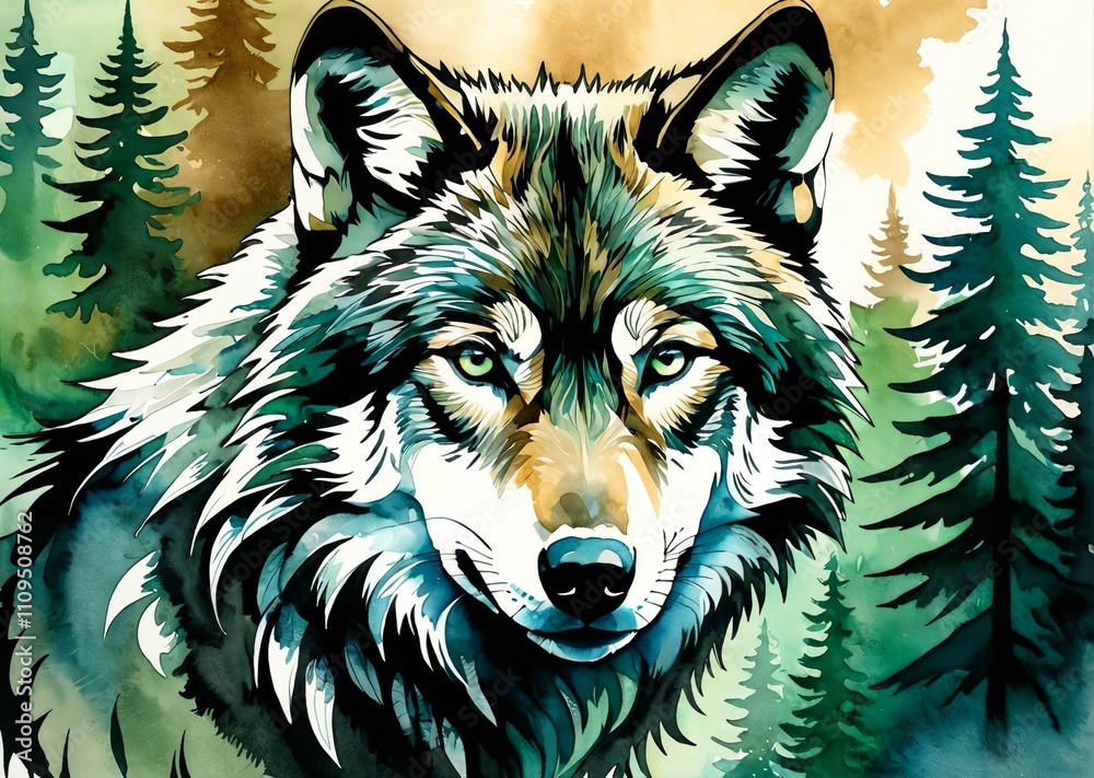 Mysterious Forest Wolf with Intricate Black Ink Details and Watercolor Background Mysterious Forest Wolf with Intricate Black Ink Details and Watercolor Background