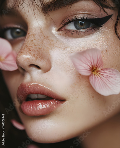 A close-up of the face, with pink flowers on her cheek and black winged eyeliner. The model has freckles around his eyes. Generative AI. photo