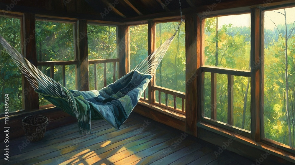   Picture of hammock under window, looking out at forest landscape