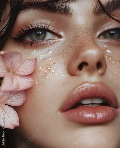 A close-up of the face, with pink flowers on her cheek and black winged eyeliner. The model has freckles around his eyes. Generative AI. photo