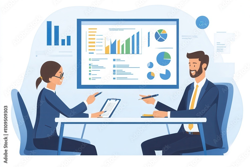 Business meeting with professional colleagues discussing data analysis and presentation on a digital screen in a modern office environment Business meeting with professional colleagues discussing data analysis and presentation on a digital screen in a modern office environment