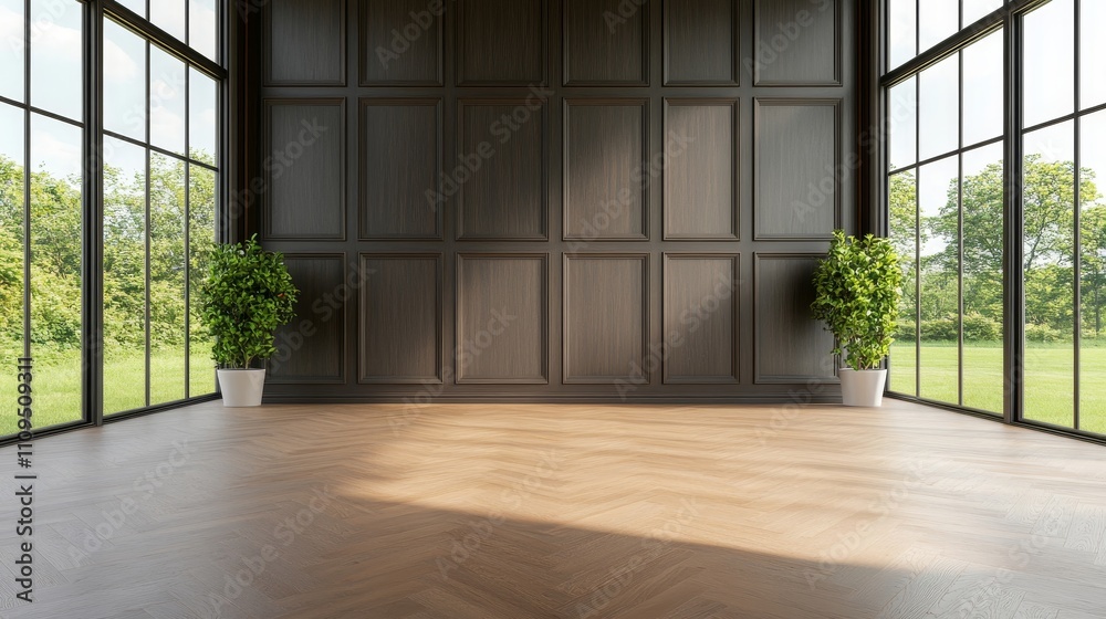 A large room with wooden walls and a hardwood floor A large room with wooden walls and a hardwood floor