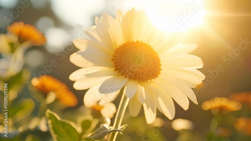 Close-up of a daisy flower in a field of flowers with a bright yellow center and white petals