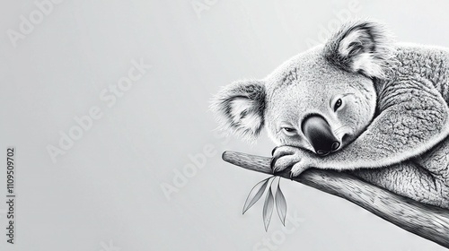   Black and white illustration of a koala on a tree limb with its head reposed on another branch photo