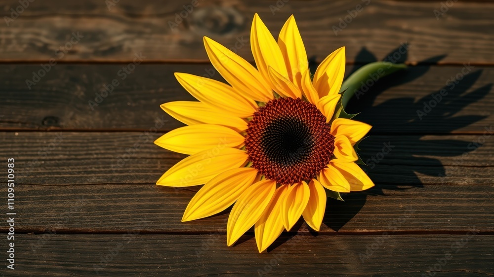 Obraz premium Single sunflower on a wooden surface with its stem bent back and shadow in the background