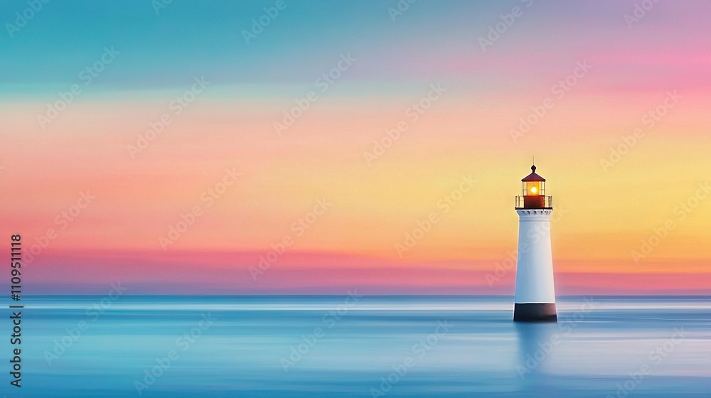 A lighthouse in a body of water surrounded by a colorful sky A lighthouse in a body of water surrounded by a colorful sky