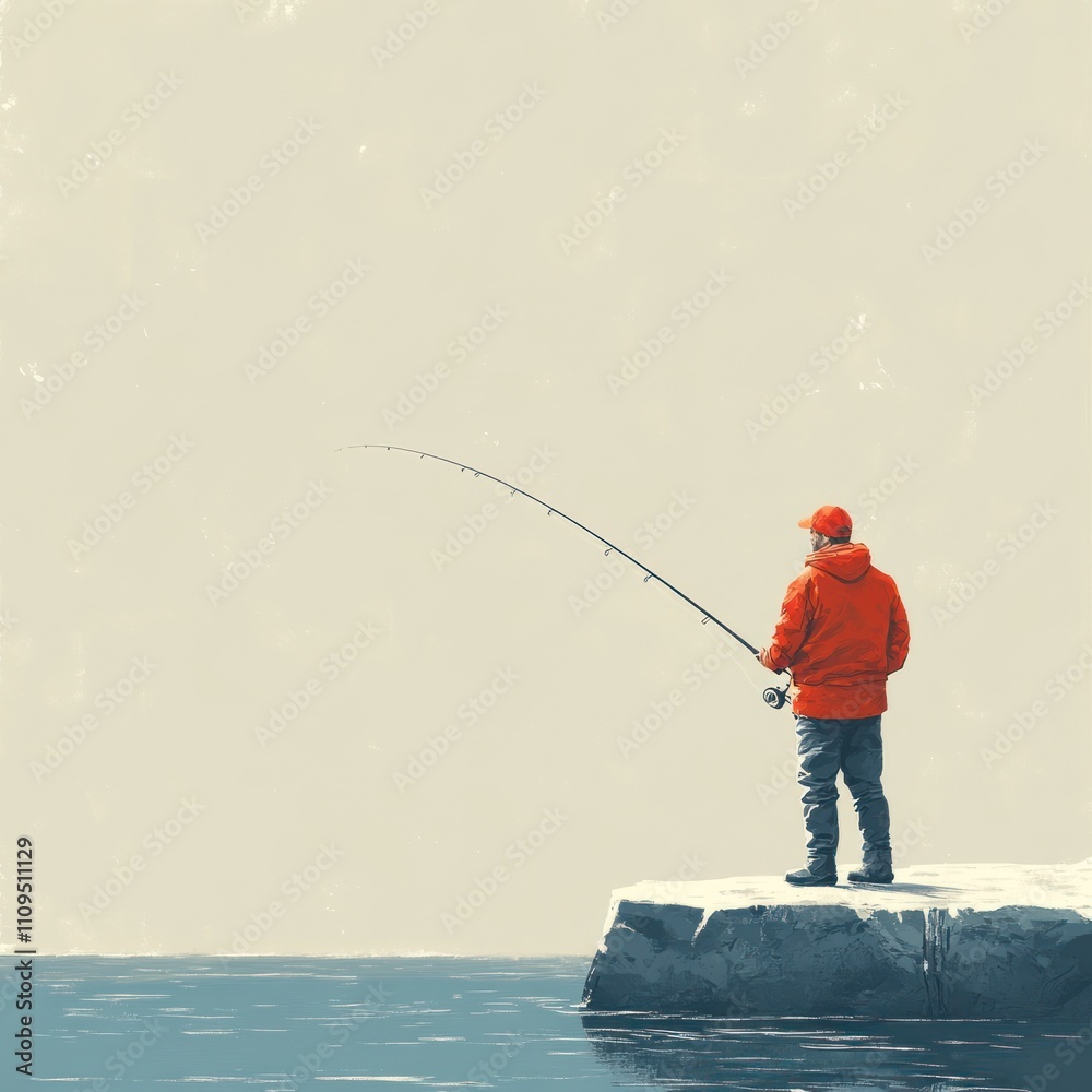 A lone fisherman stands on a rock, casting a line into the tranquil water. A lone fisherman stands on a rock, casting a line into the tranquil water.