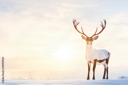 A striking reindeer stands in a snowy landscape at sunset.