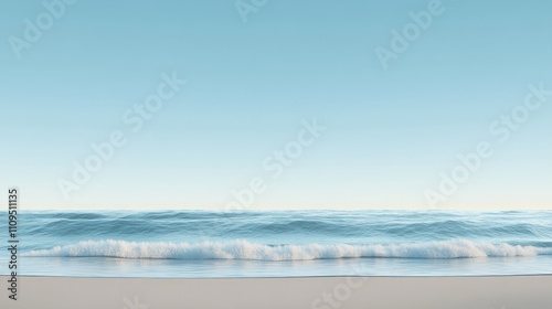 Tranquil Ocean Serenity, a peaceful coastal scene with gentle waves caressing the sandy beach, inviting calmness and relaxation under a bright blue sky