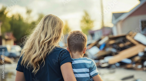 Mother and son witnessing aftermath of natural disaster devastation photo