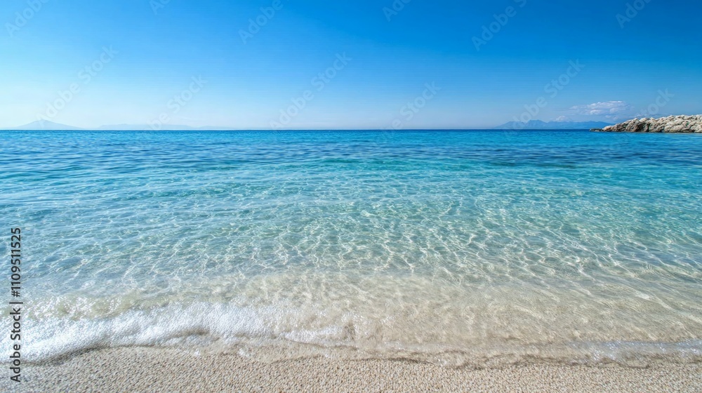 Fototapeta premium Tranquil Ocean Serenity, a peaceful coastal scene featuring gentle waves caressing the sandy shore beneath a bright blue sky, inviting a sense of calm and relaxation.