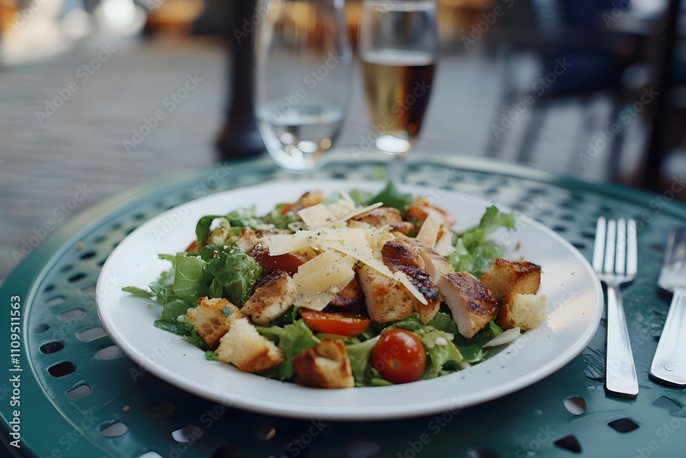 Salade César. A Caesar salad with romaine lettuce, croutons, parmesan, and grilled chicken on a white plate, set on a green table in a sunny Parisian terrasse Salade César. A Caesar salad with romaine lettuce, croutons, parmesan, and grilled chicken on a white plate, set on a green table in a sunny Parisian terrasse