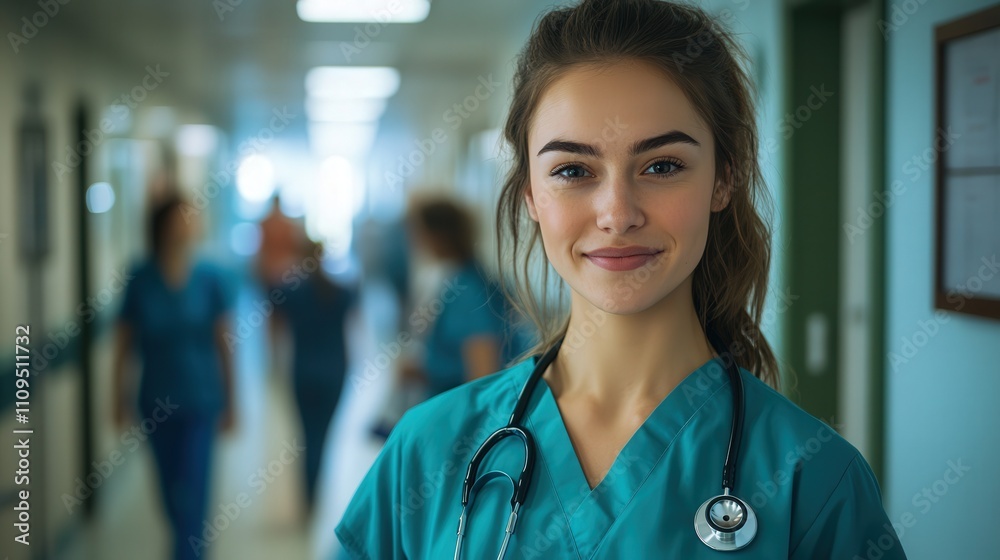 Young Female Healthcare Professional in Surgical Scrubs Smiling Confidently in Hospital Corridor with Blurred Colleagues in Background Young Female Healthcare Professional in Surgical Scrubs Smiling Confidently in Hospital Corridor with Blurred Colleagues in Background