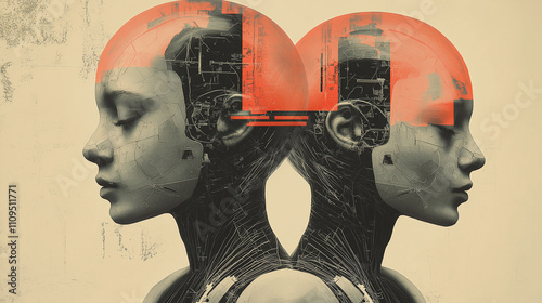 Futuristisches abstraktes Portrait mit zwei weiblichen KI-Köpfen und digitalen grafischen Elementen.  Dada Collage zum Thema 